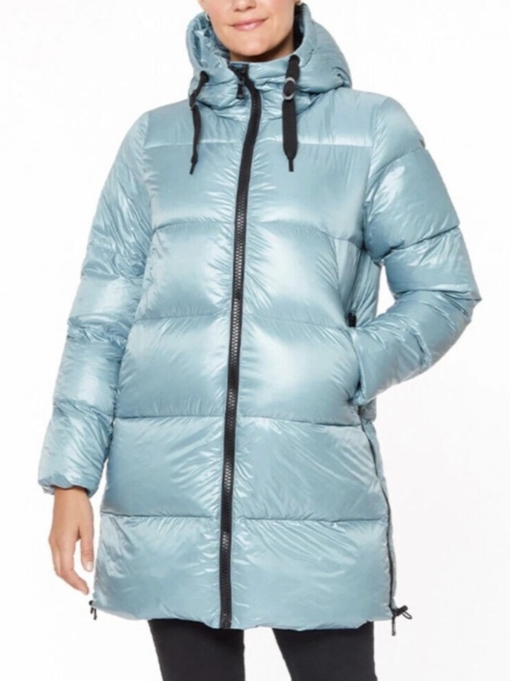 Stylus Women’s Down Puffer Coat M Sage Blue Green Hooded Glossy Mid Length